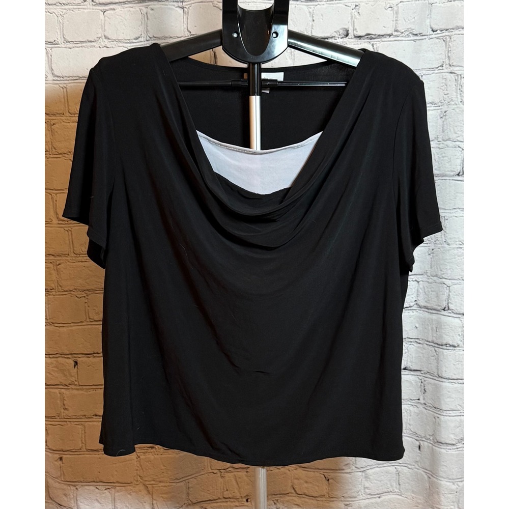 Dressbarn Woman Black White Layered Cowl Neck Short Sleeve Top Plus Size 18W